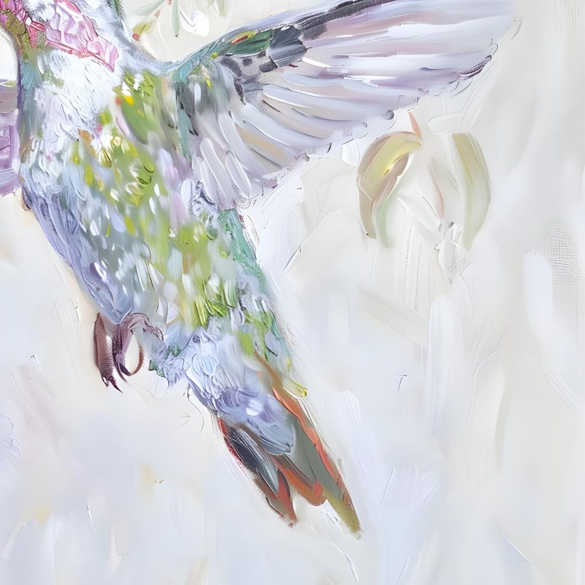 Delicate Hummingbird In Flight White Floral Watercolor Poster - Image 3