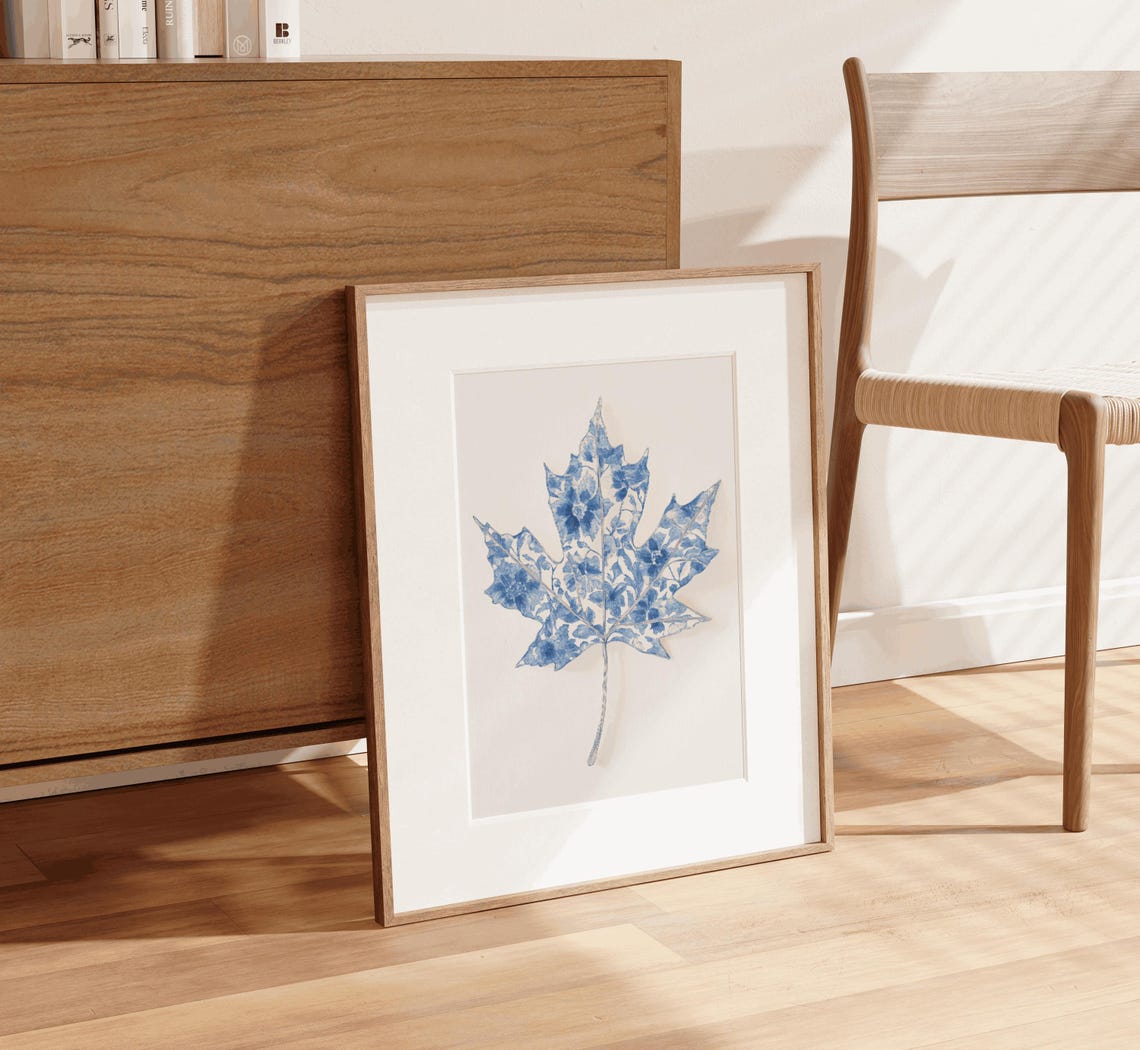 Blue Chinoiserie Maple Leaf Botanical Floral Watercolor Wall Art