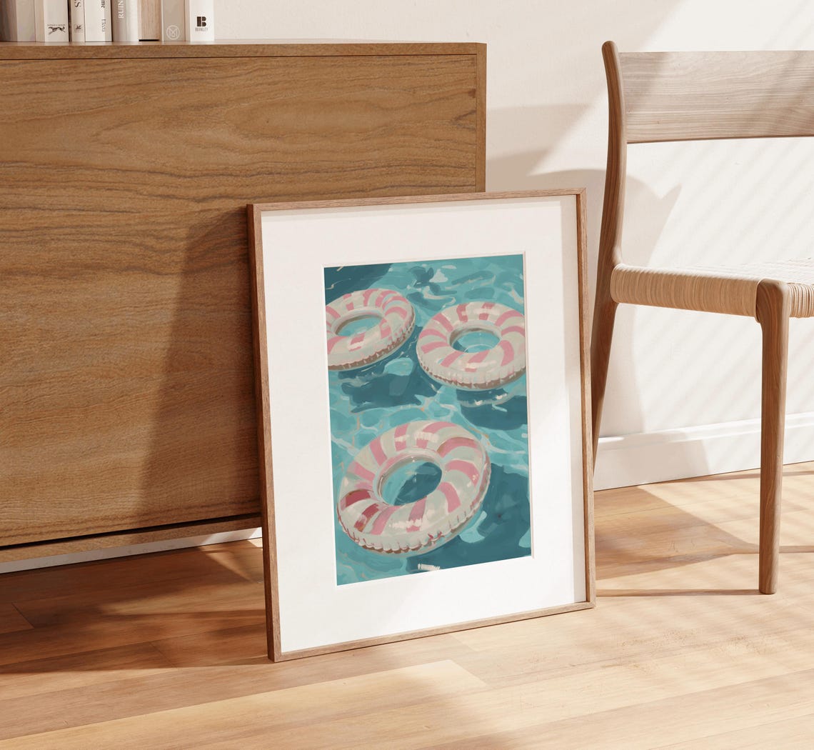Three Pink Striped Inflatable Pool Float Rings Summer Poster - Image 2