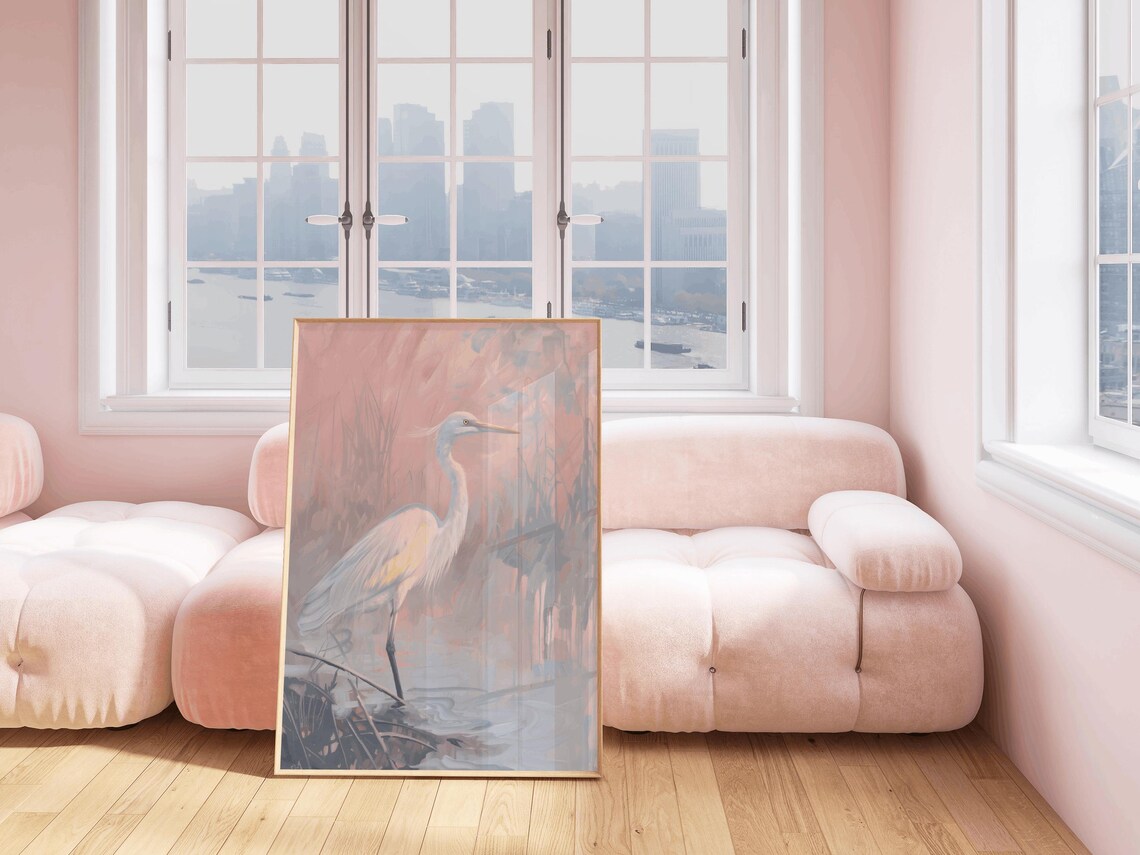 Elegant White Heron Wading At Sunset In Pink Wetlands Poster