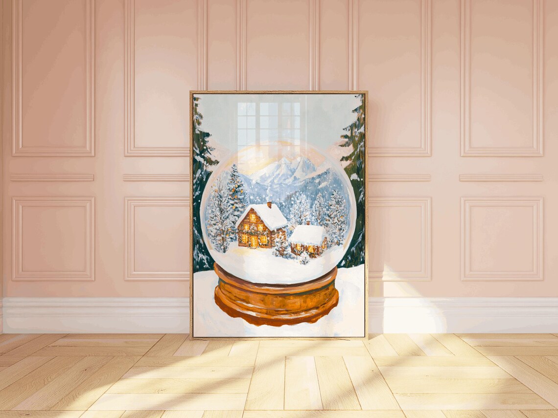 Glowing Snow Globe Cabin in Winter Mountain Forest Painting Poster