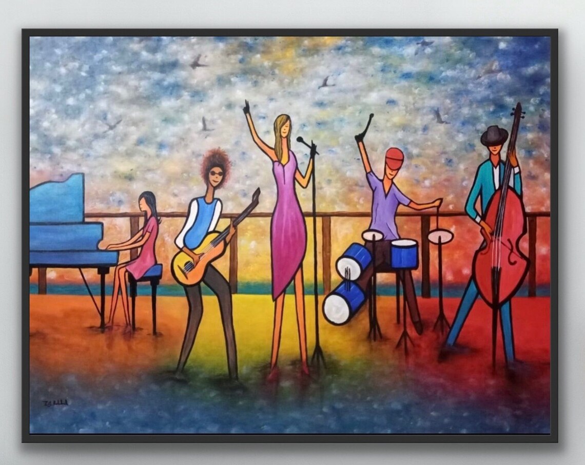 Colorful Jazz Band Playing Live by the Waterfront Painting Poster