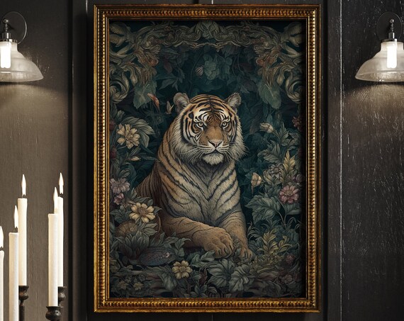Tiger in Dark Botanical Jungle Vintage Illustration Art Poster