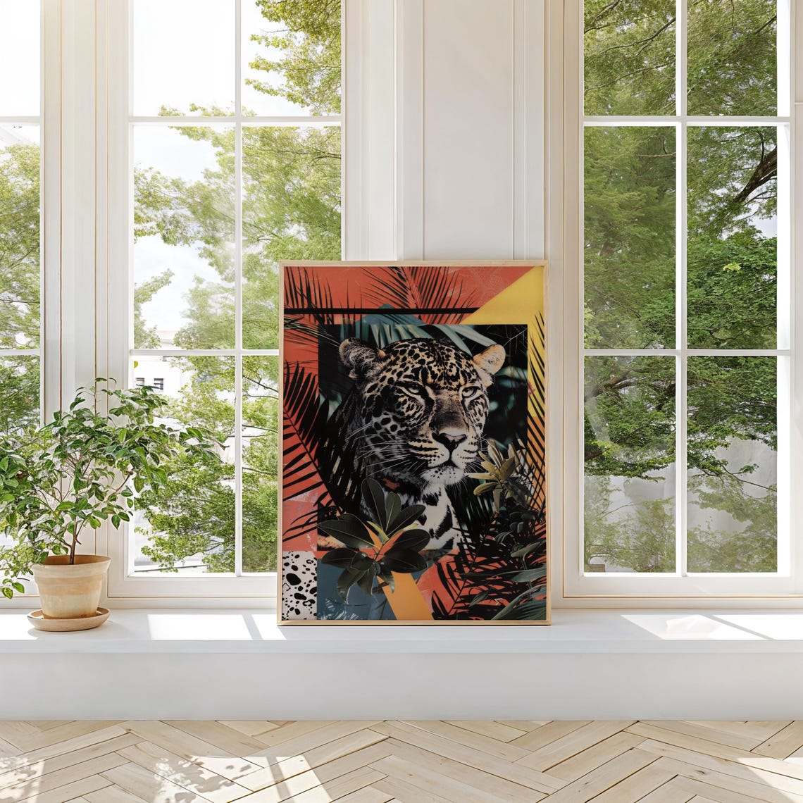 Tropical Pop Art Jaguar Head Collage in Palm Leaves Bold Color Poster - Image 2