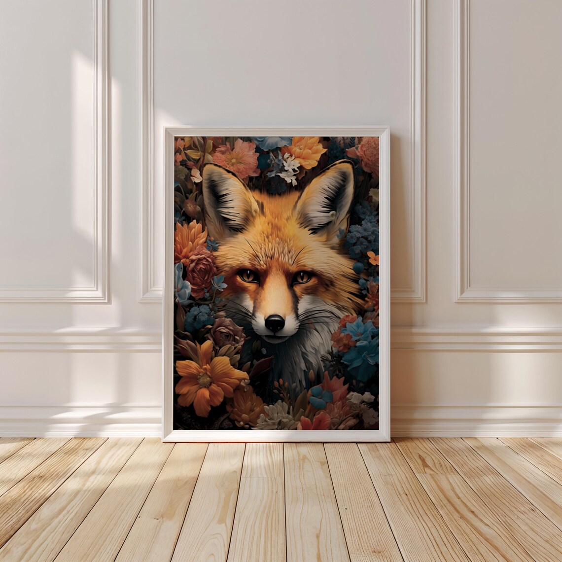 Enchanted Fox Portrait Poster with a Colorful Floral Surround