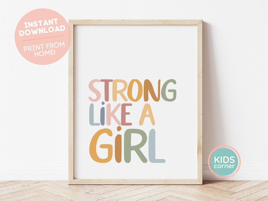 Strong Like a Girl Multicolor Rainbow Letters Empowerment Poster