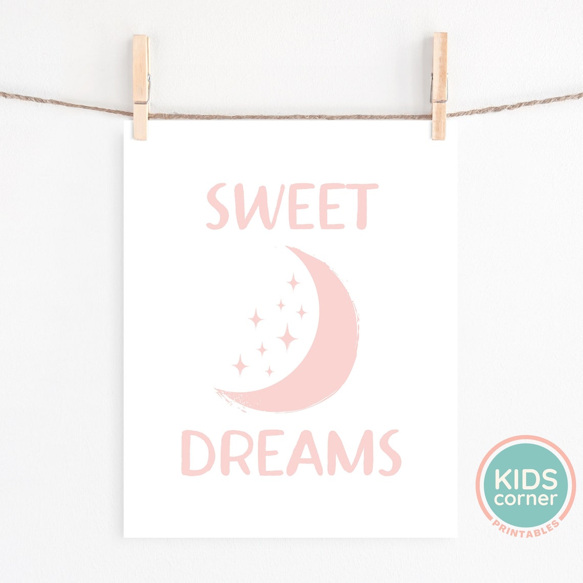 Sweet Dreams Pink Moon And Stars Nursery Typography Art Poster - Image 2