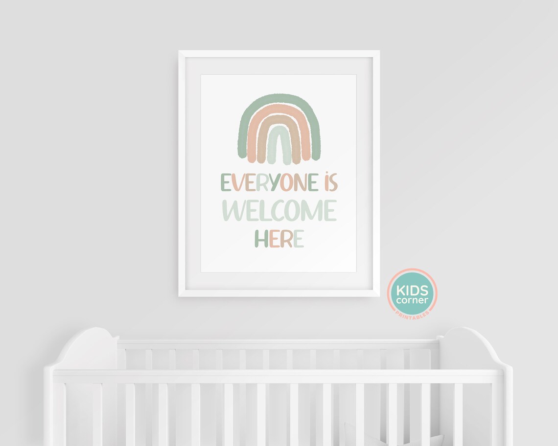 Everyone Is Welcome Here Pastel Rainbow Nursery Quote Poster - Image 2