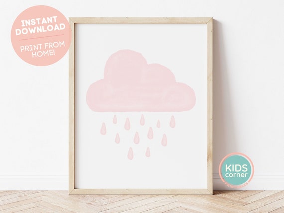 Pink Cloud And Rain Print Pink Cloud And Rain Nursery Decor Soft Pink Playroom Art Instant Pink Wall Art