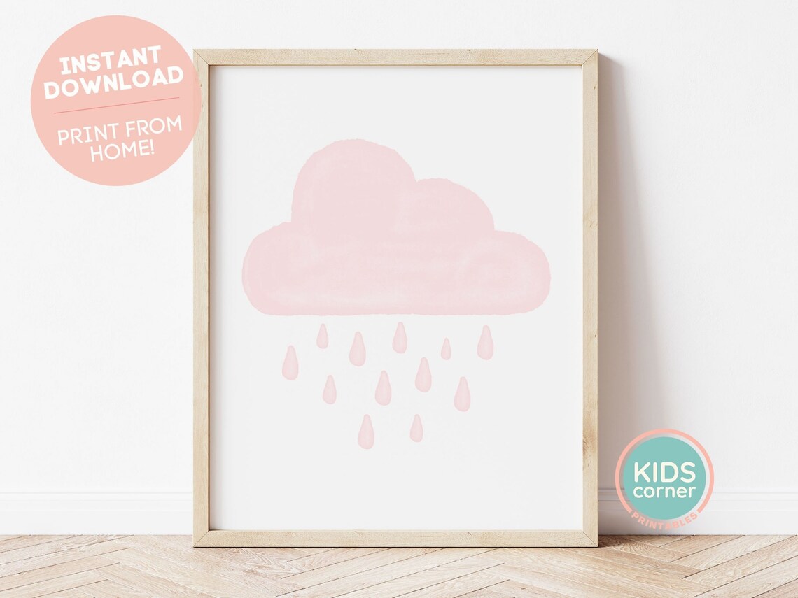 Pink Watercolor Cloud With Rain Drops Baby Girls Nursery Art Poster