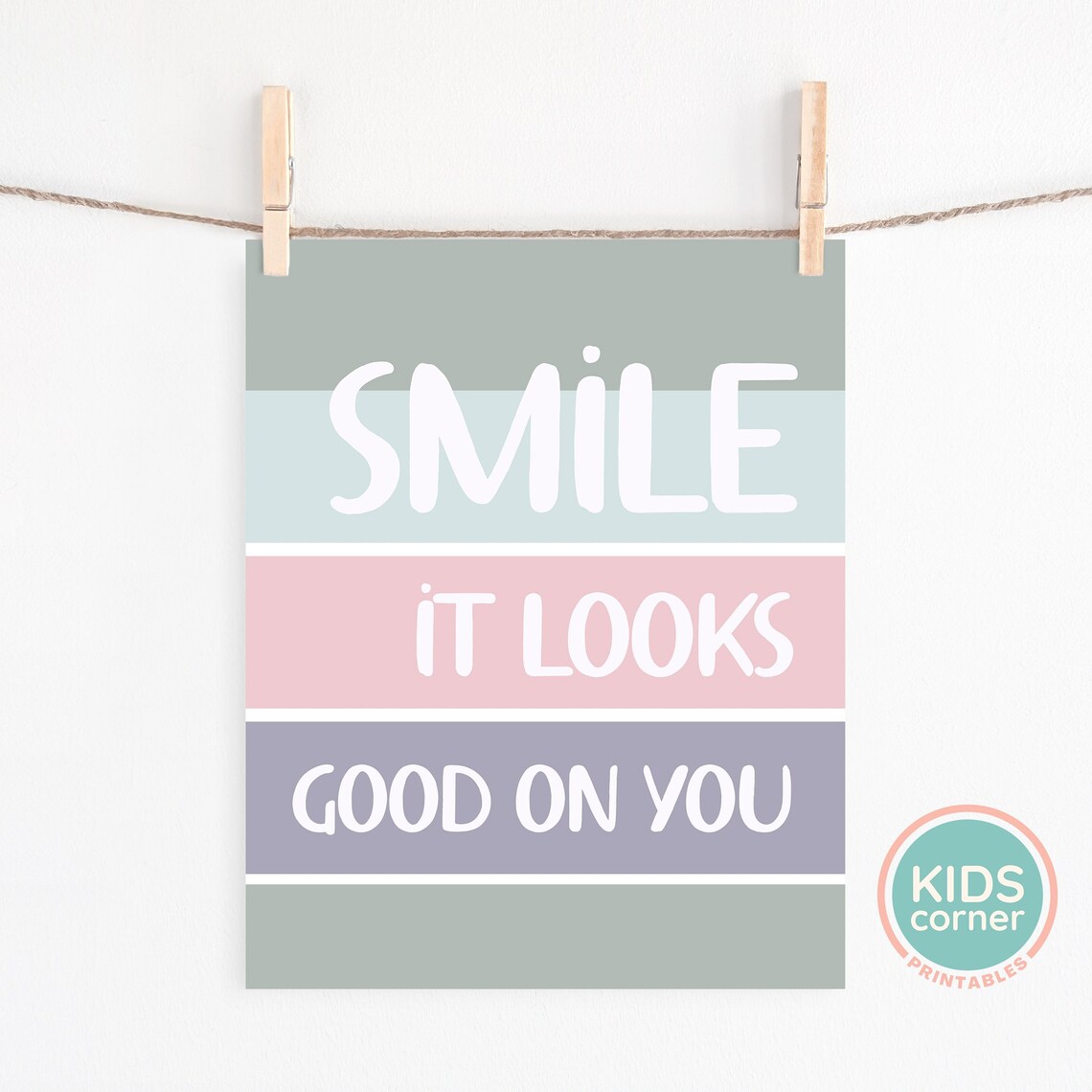 Smile It Looks Good On You Sage Green Stripes Kids Quote Poster - Image 2