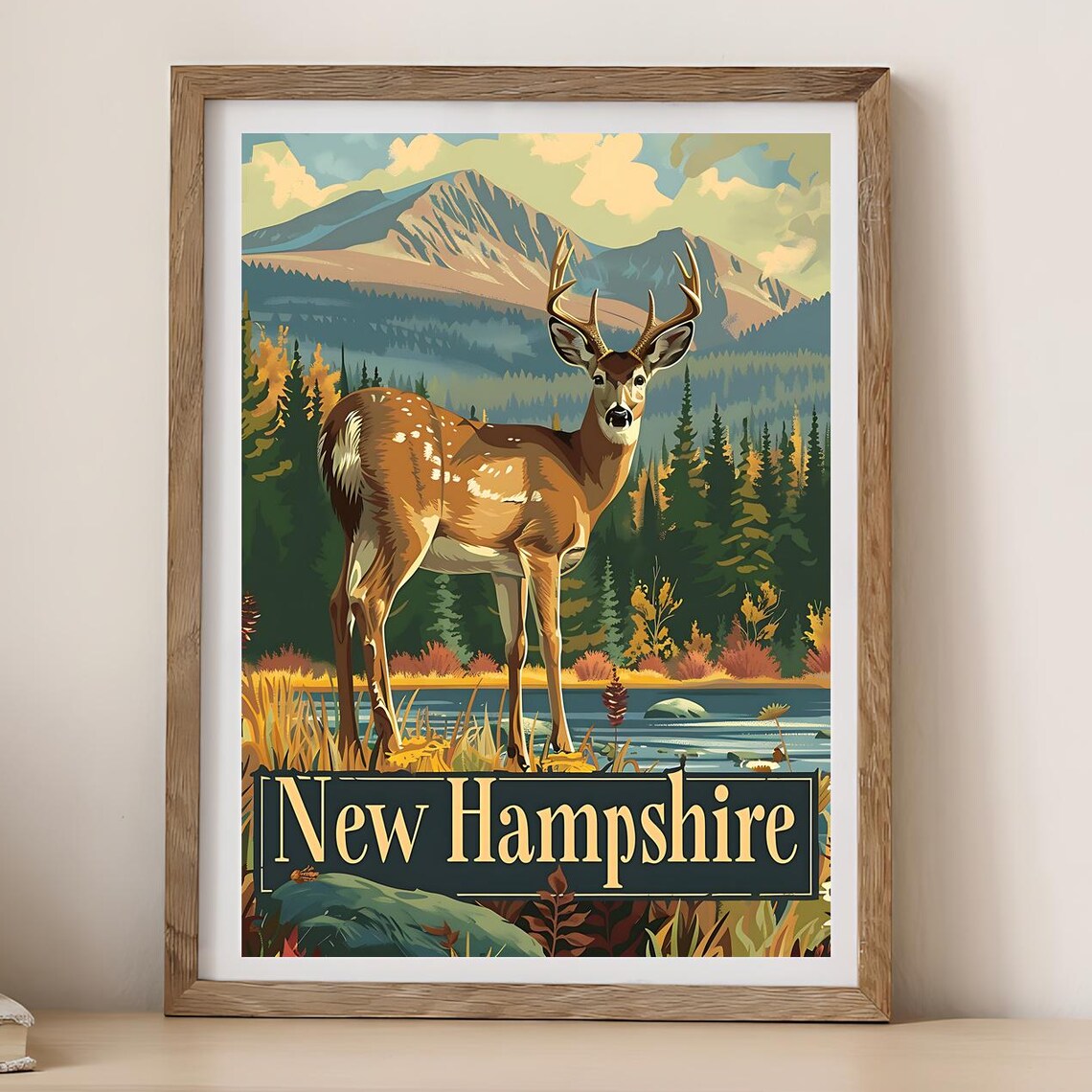 New Hampshire Vintage Travel Poster Majestic Deer Mountain Scene