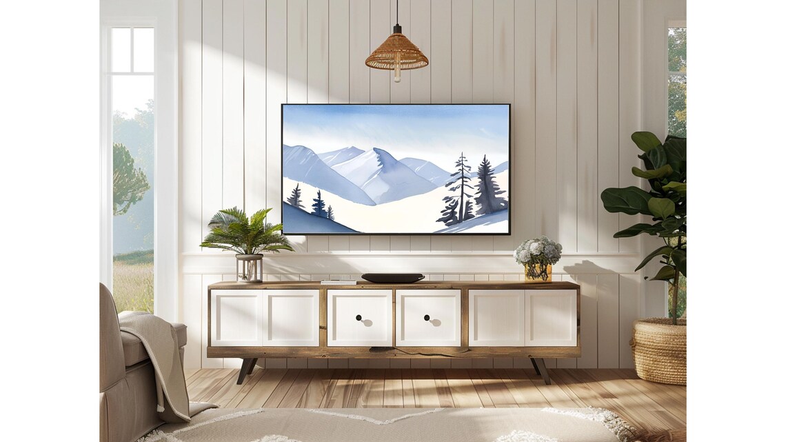 Snowy Blue Mountain Pines Watercolor Winter Landscape Poster - Image 2