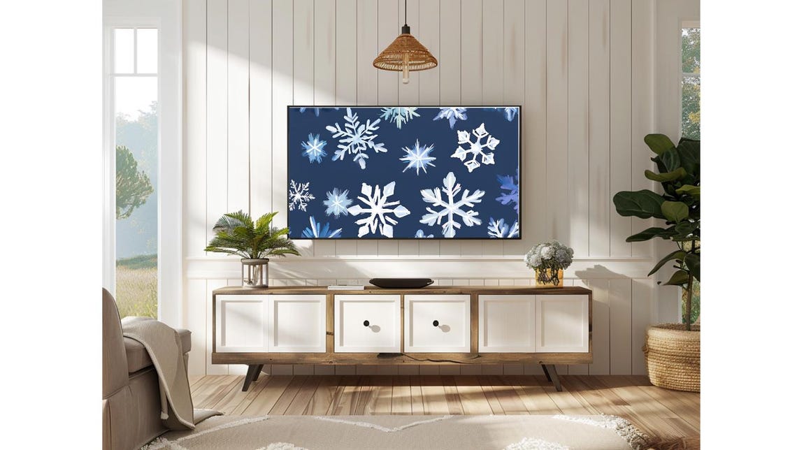 White Snowflakes Dark Green Winter Holiday Pattern Frame TV Poster - Image 2