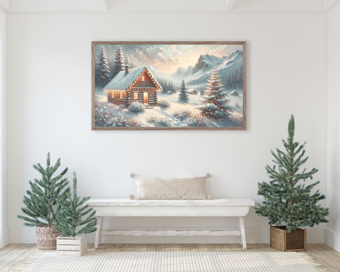 Frame Tv Art Christmas Winter Cabin Frame Tv Art Christmas Cottage Farmhouse Christmas Vintage Painting Style Artwork Tv193 - Image 2