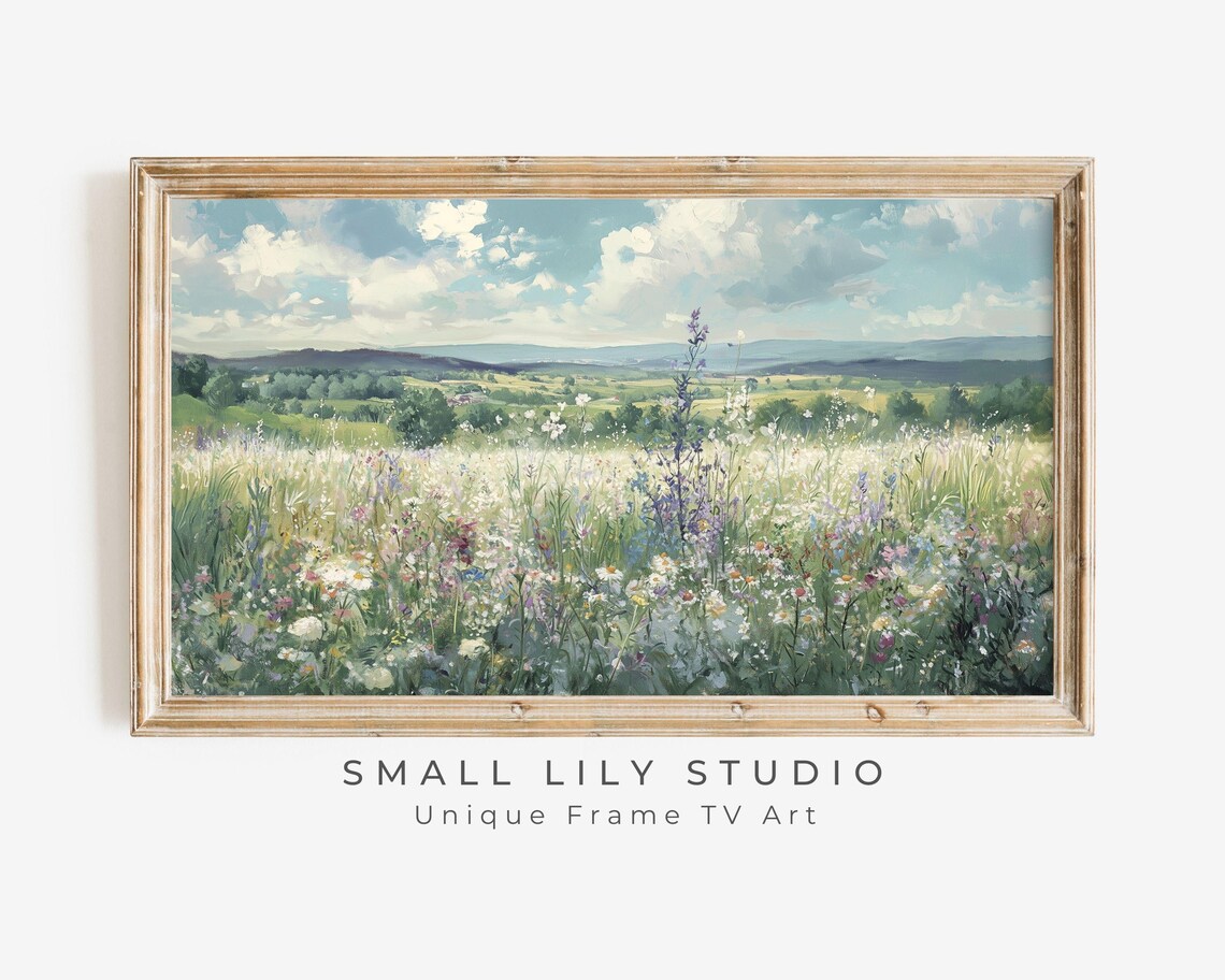Frame Tv Art Wildflower Field Vintage Style Flowers Painting Blue Green Frame Tv Art Spring Floral Landscape Screensaver Tv600