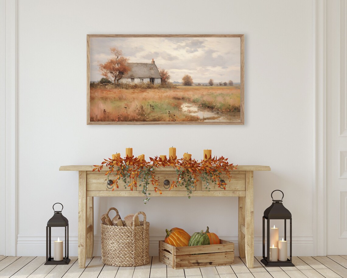 White Cottage In Autumn Field With Orange Grasses Vintage Oil Poster - Image 3