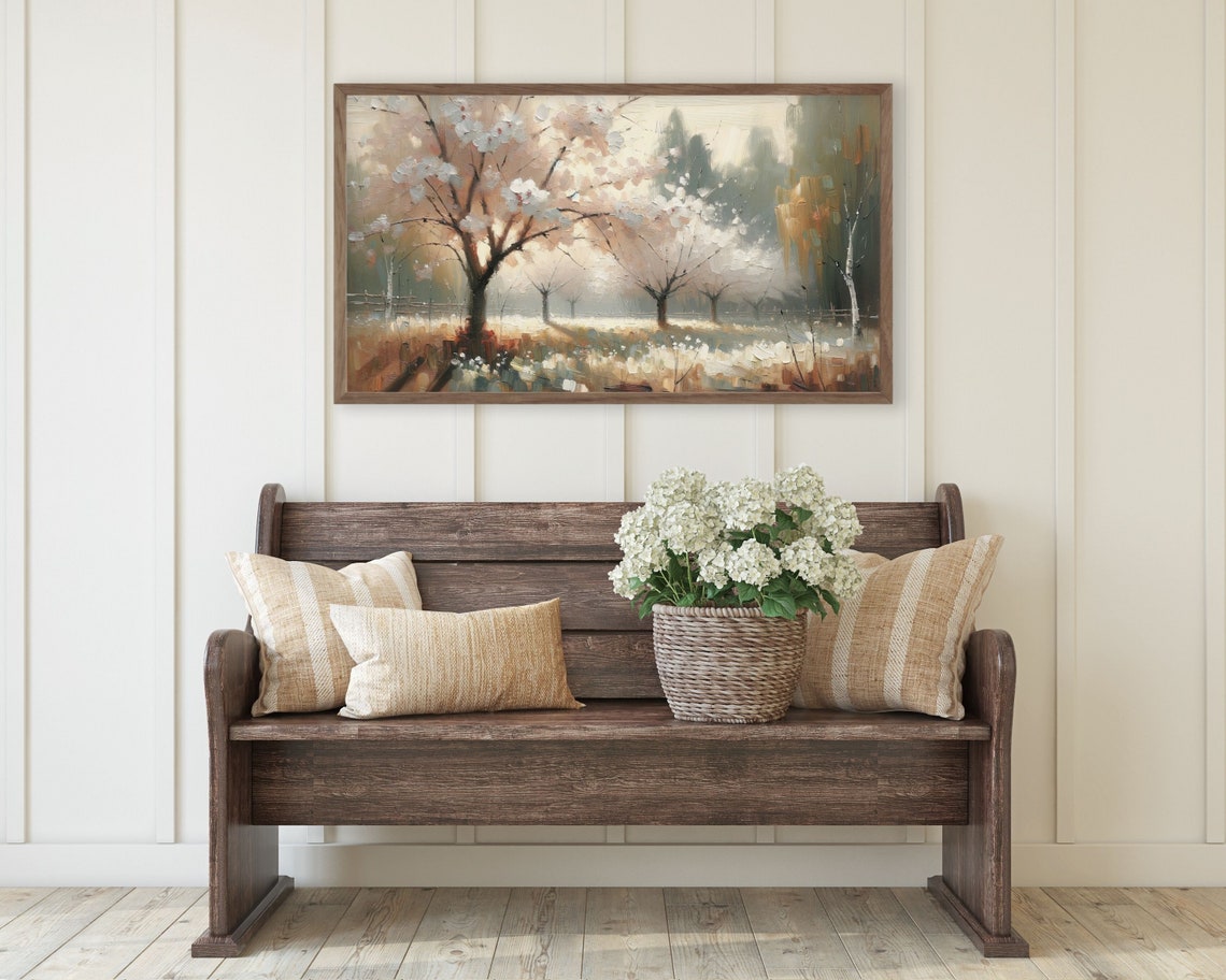 Cherry Blossom Trees Spring Meadow Vintage Textured Painting Poster - Image 3