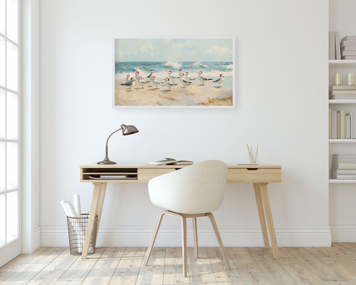 Seagulls in Santa Hats on Beach, Coastal Christmas Art Print - Image 2