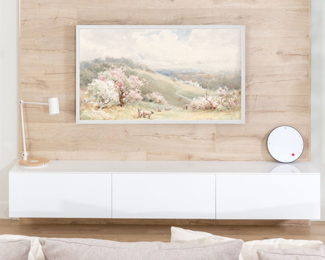 Spring Countryside Lambs Grazing Blossom Trees Pastel Watercolor Poster - Image 3