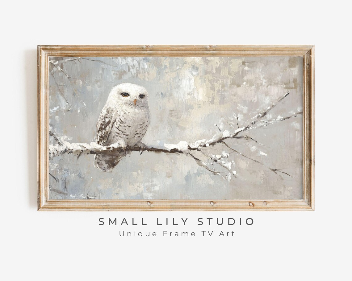 White Snowy Owl on Frosty Branch in Winter Neutral Vintage Style Poster