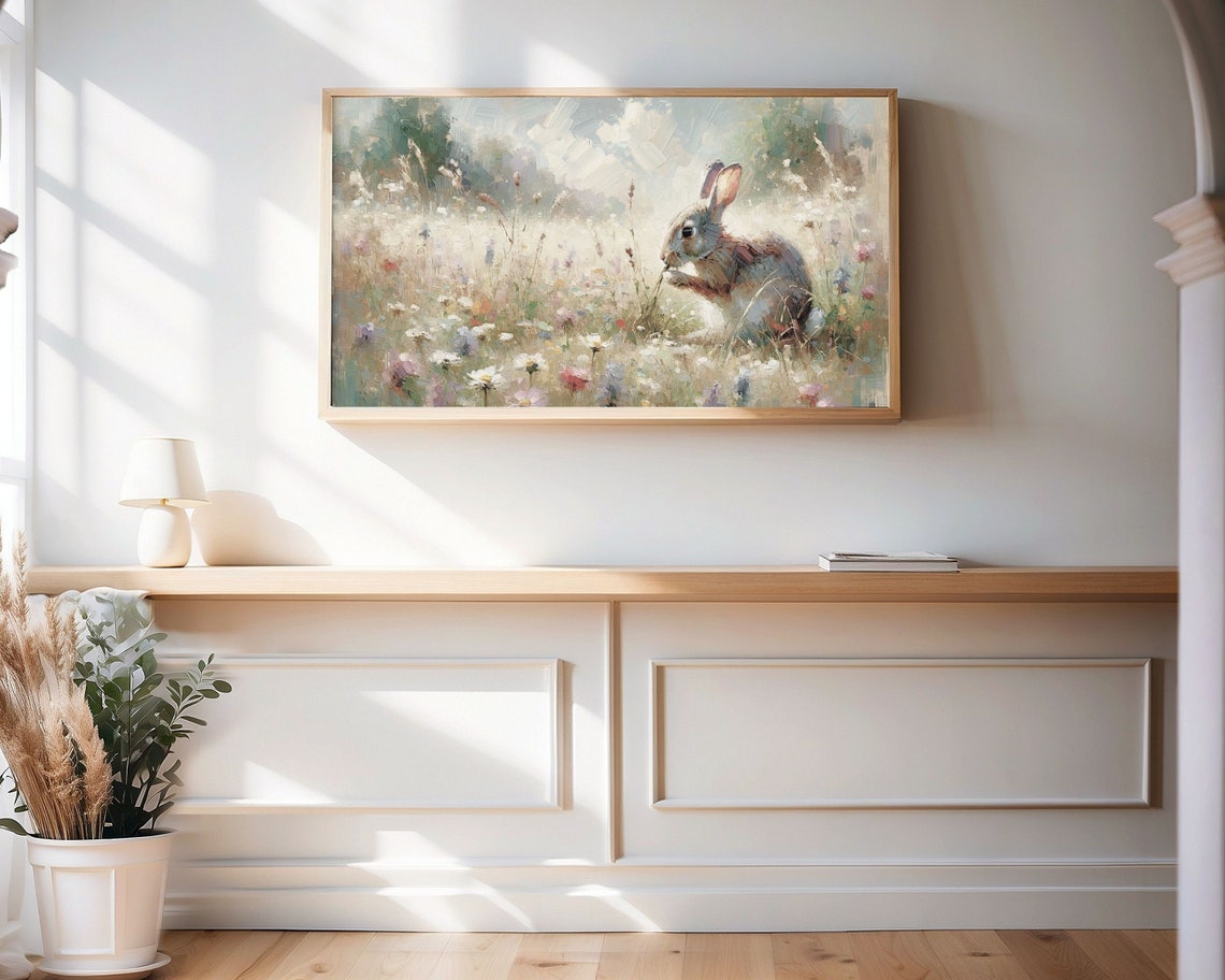 Grey Bunny Rabbit in Wildflower Field Vintage Spring Meadow Wall Art - Image 3
