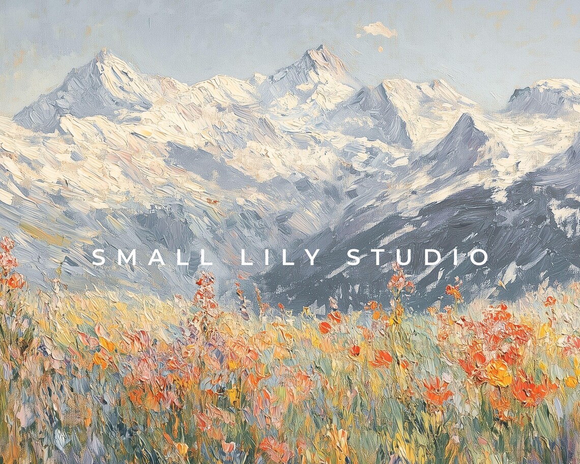 Red Alpine Wildflowers Snow Capped Mountains Meadow Textured Painting Poster - Image 4
