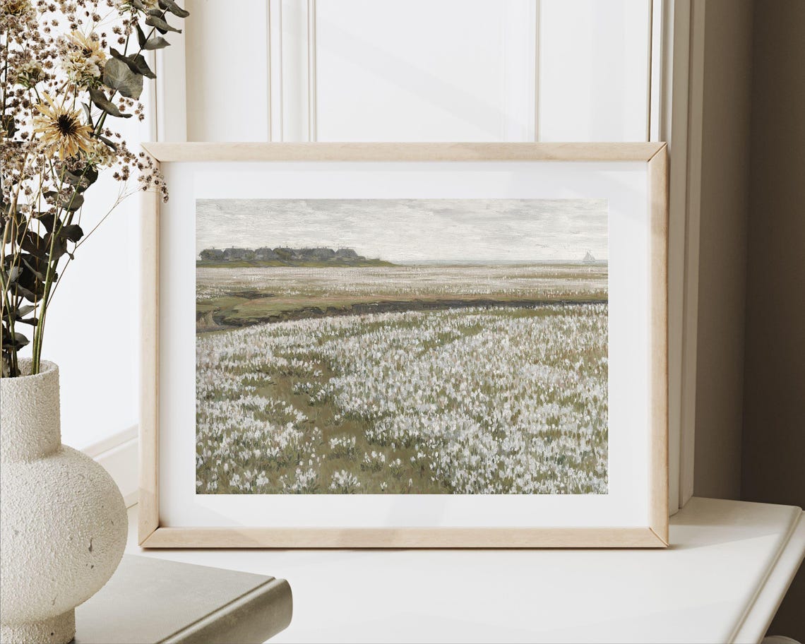 White Wildflower Meadow Neutral Muted Vintage Landscape Art Print - Image 2