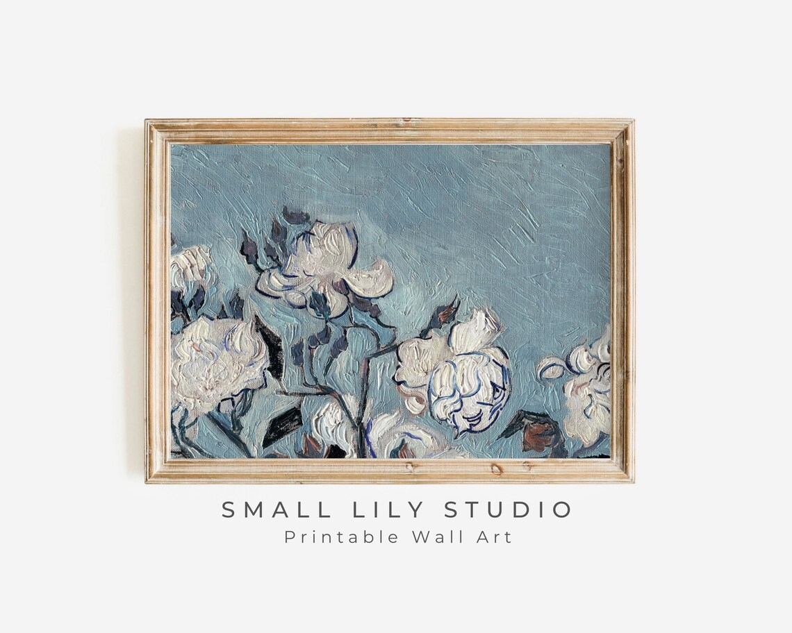 White Roses On Blue Textured Background Painterly Floral Still Life Art Poster - Image 3