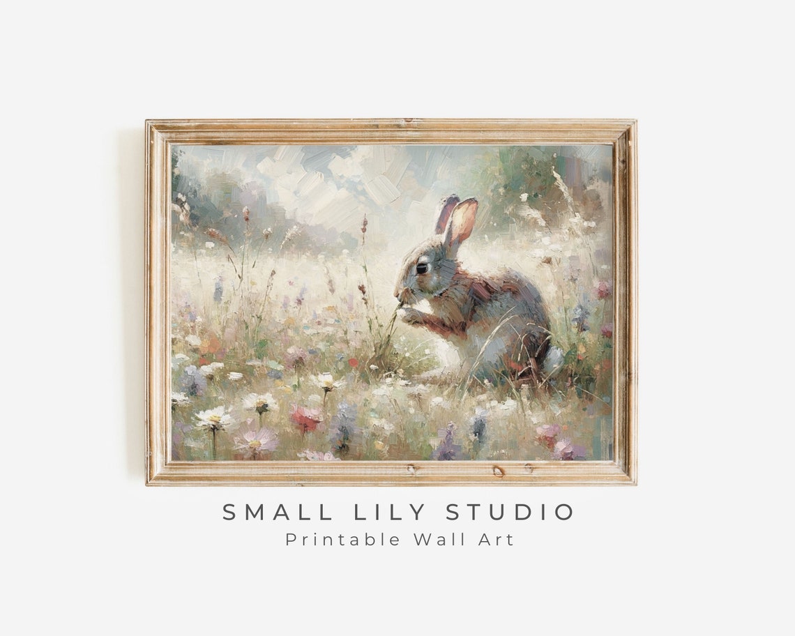 Brown Bunny Rabbit Wildflower Meadow Vintage Spring Animal Wall Art - Image 3