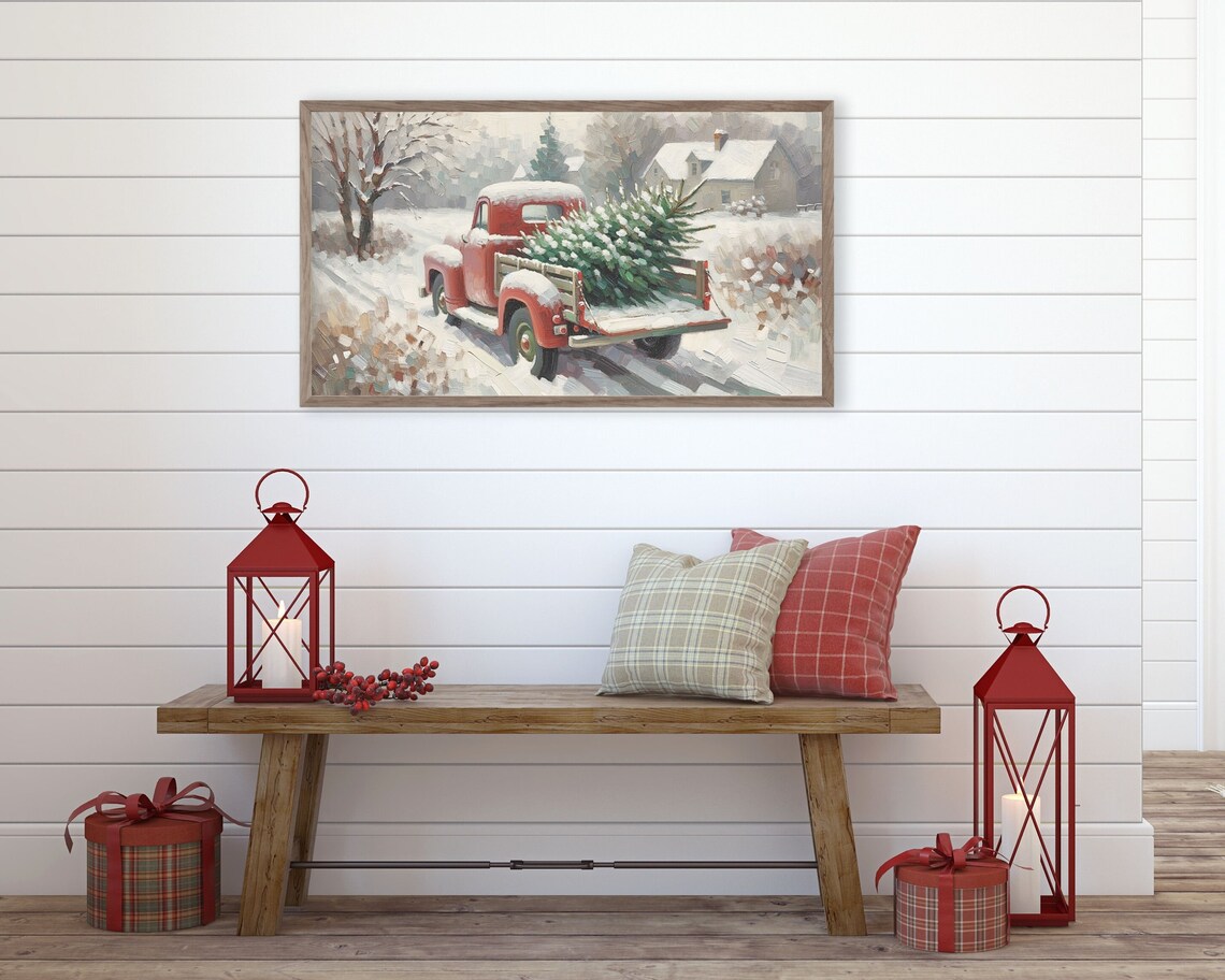 Red Truck With Pine Tree Christmas Art Print - Image 2