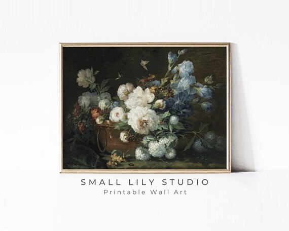 Moody Blue Floral Still Life White Peonies Butterflies Vintage Painting Poster
