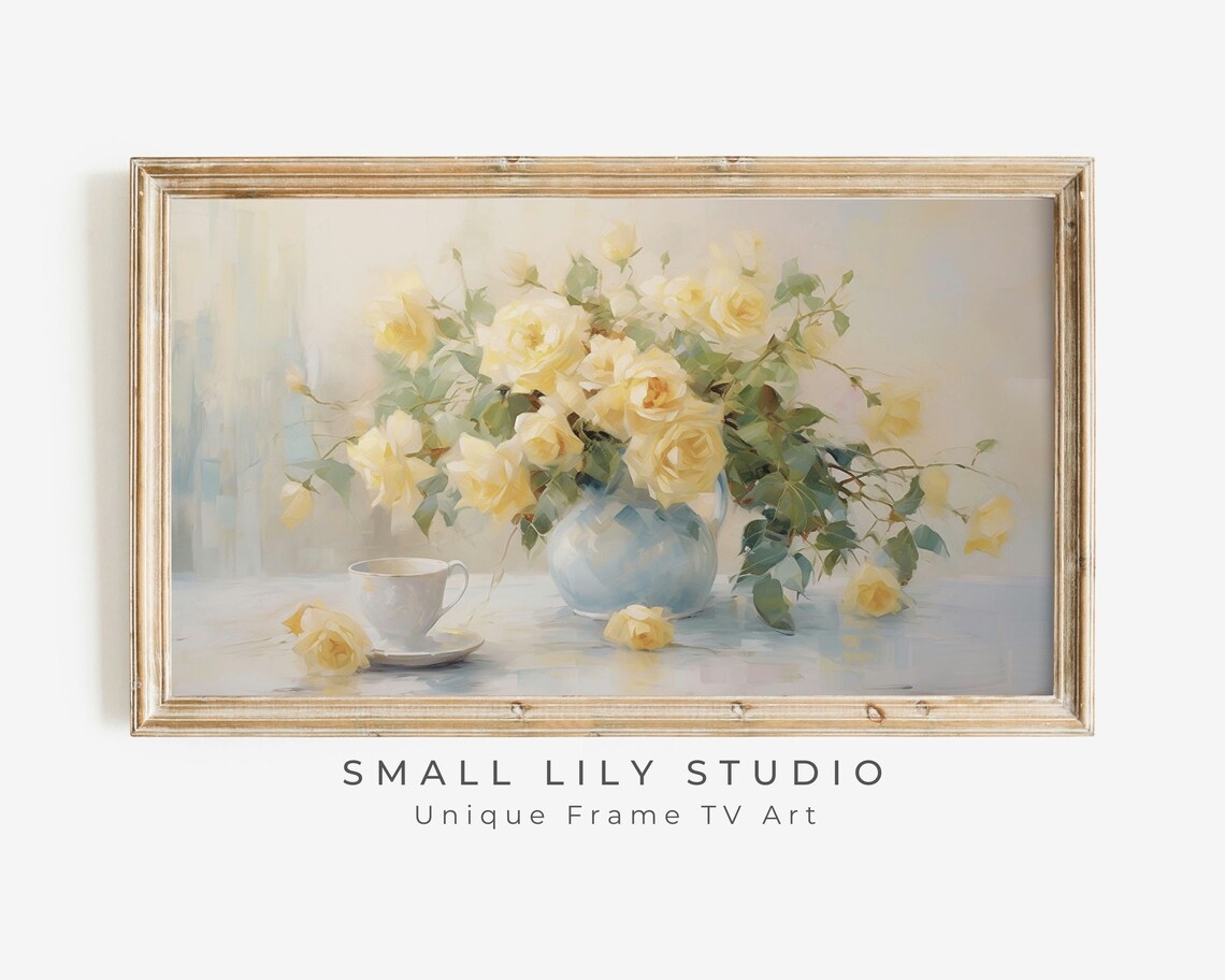 Frame Tv Art Yellow Roses Spring Frame Tv Art Country Cottage Warm Tone Floral Tv Artwork Vintage Style Tv Art Tv350