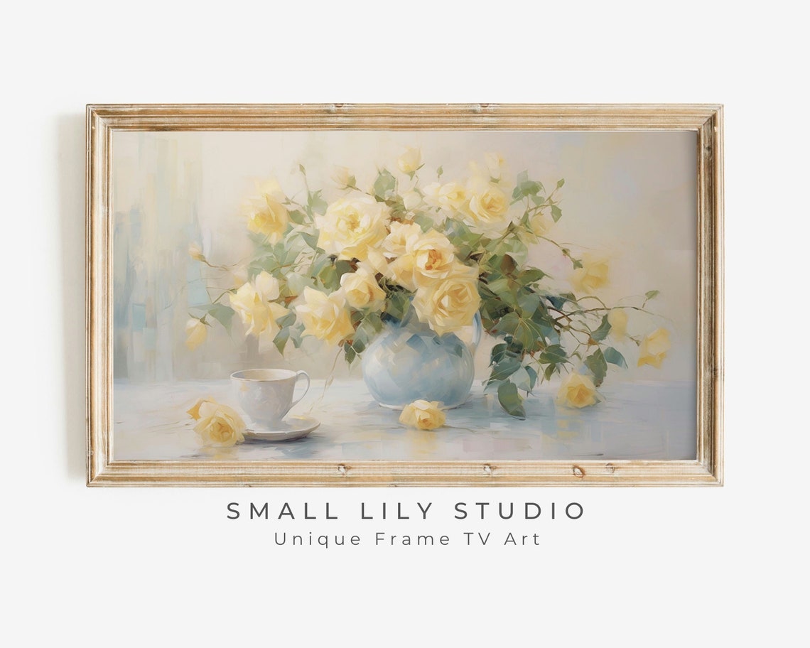 Yellow Roses Blue Vase Teacup Soft Vintage Floral Still Life Poster