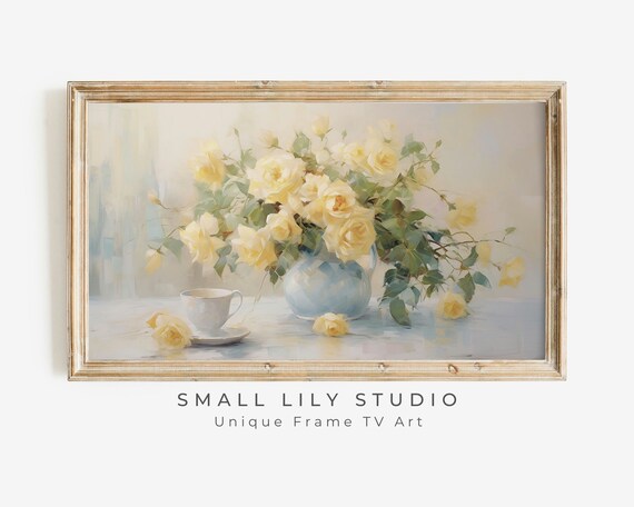 Yellow Roses Blue Vase Teacup Soft Vintage Floral Still Life Poster