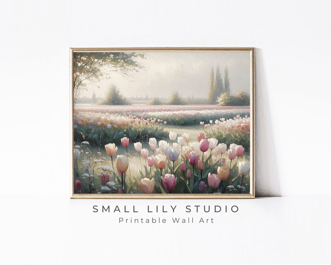 Tulip Landscape Print Spring Floral Print Field Of Flowers Vintage Style Painting Pink Floral Print Girls Room Nursery P086