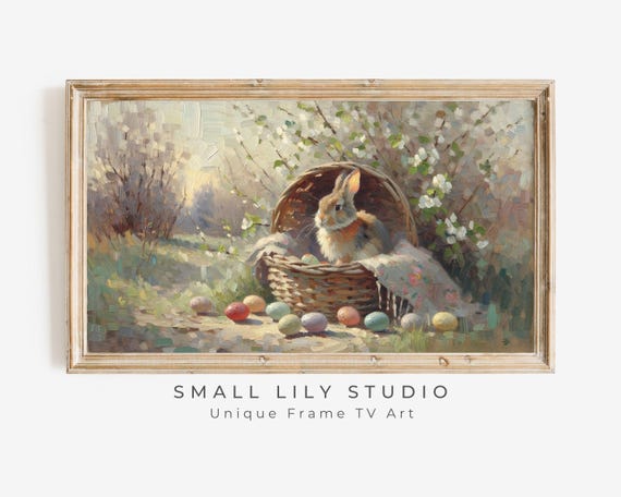 Easter Frame Tv Art Rabbit In Basket With Easter Eggs Cute Floral Easter Bunny Tv Art Spring Frame Tv Art Vintage Style Tv264