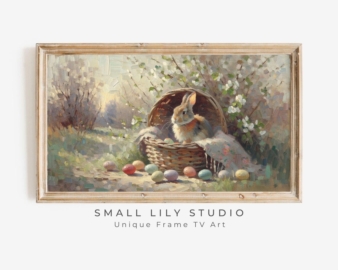 Easter Frame Tv Art Rabbit In Basket With Easter Eggs Cute Floral Easter Bunny Tv Art Spring Frame Tv Art Vintage Style Tv264
