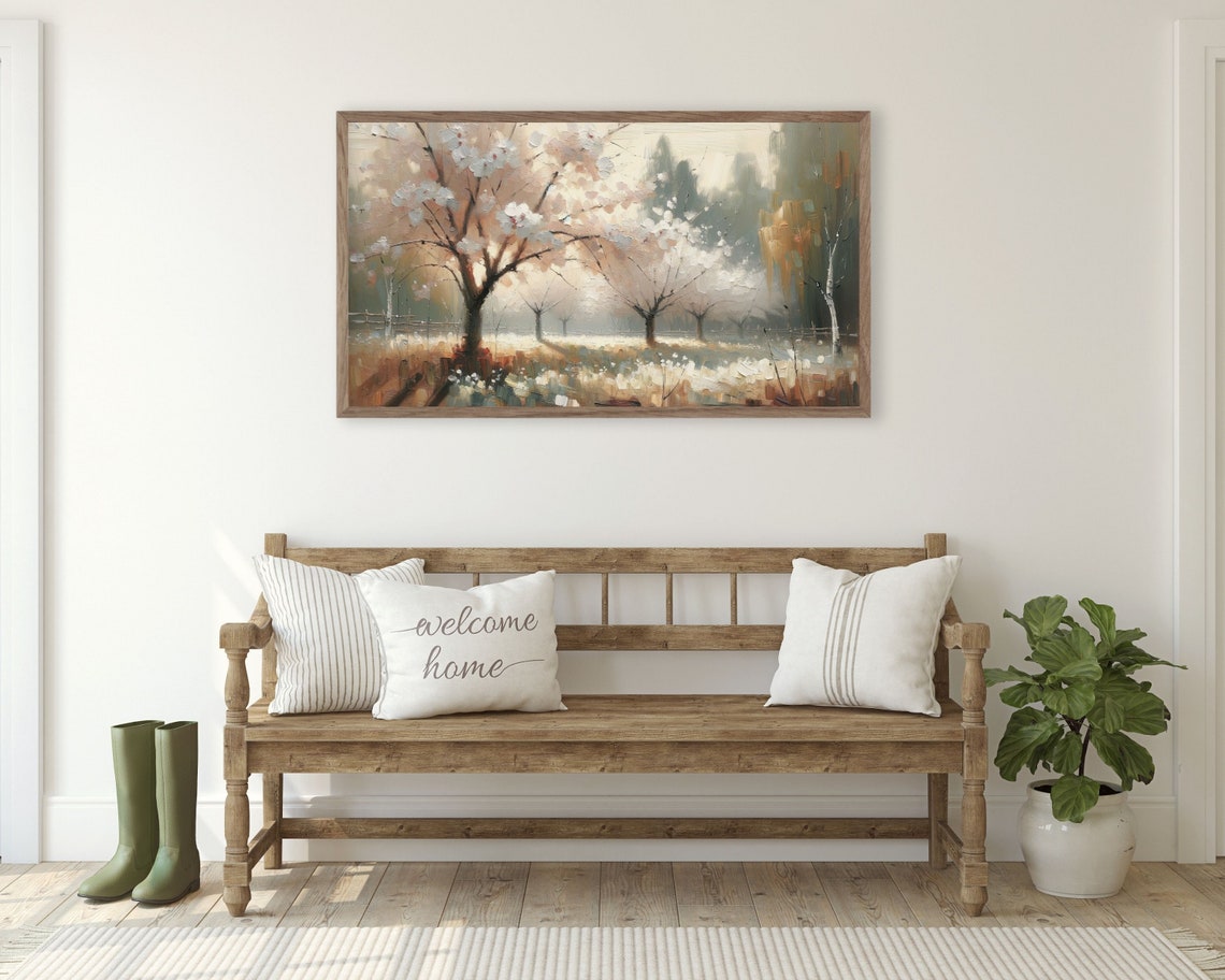 Cherry Blossom Trees Spring Meadow Vintage Textured Painting Poster - Image 2