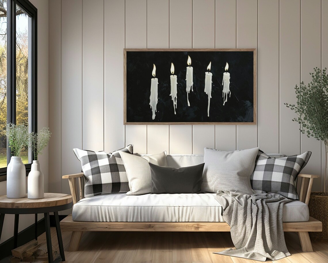 White Floating Candles Black Background Minimalist Halloween Painting Poster - Image 3