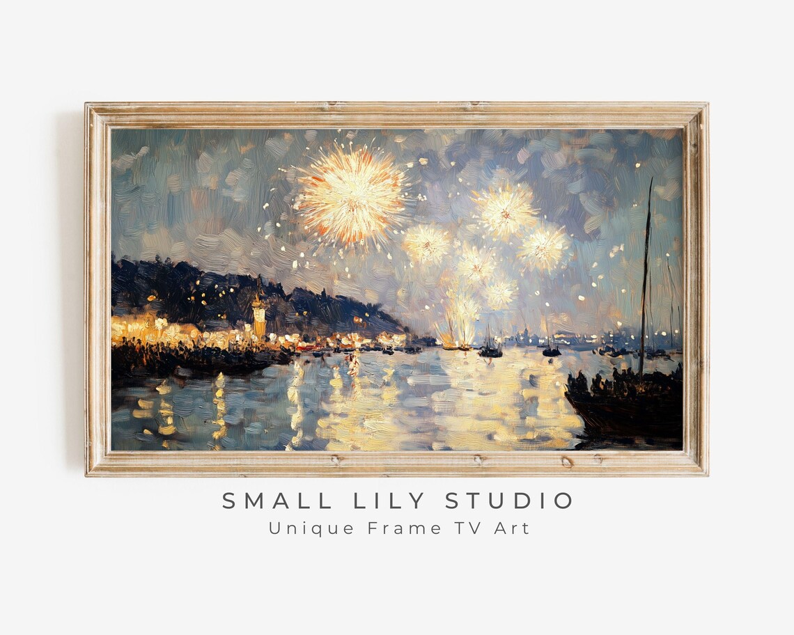 New Years Eve Fireworks Over Crowded Harbor Night Scene Painting Poster