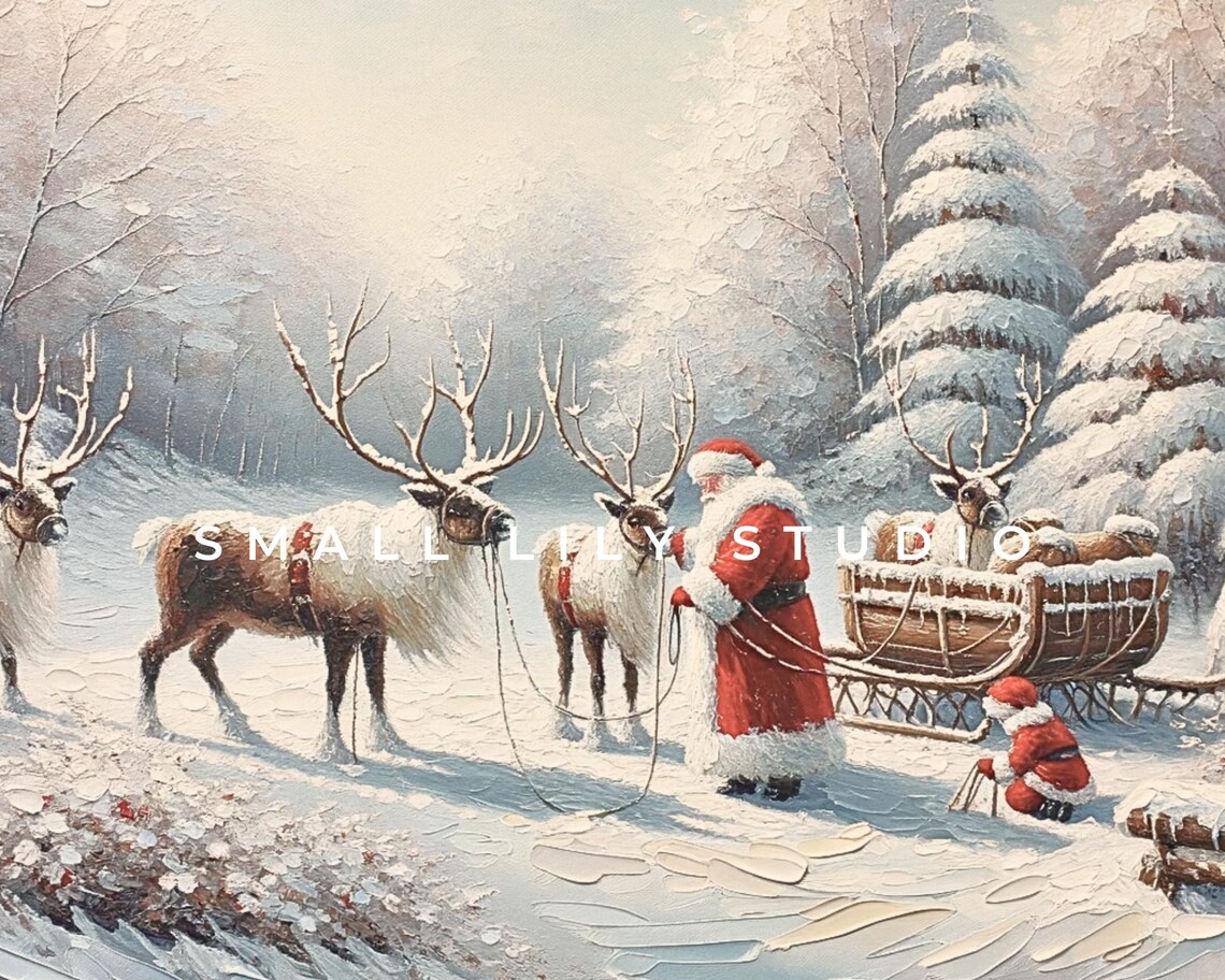 Santa And Reindeer Pink Christmas Art Print - Image 4