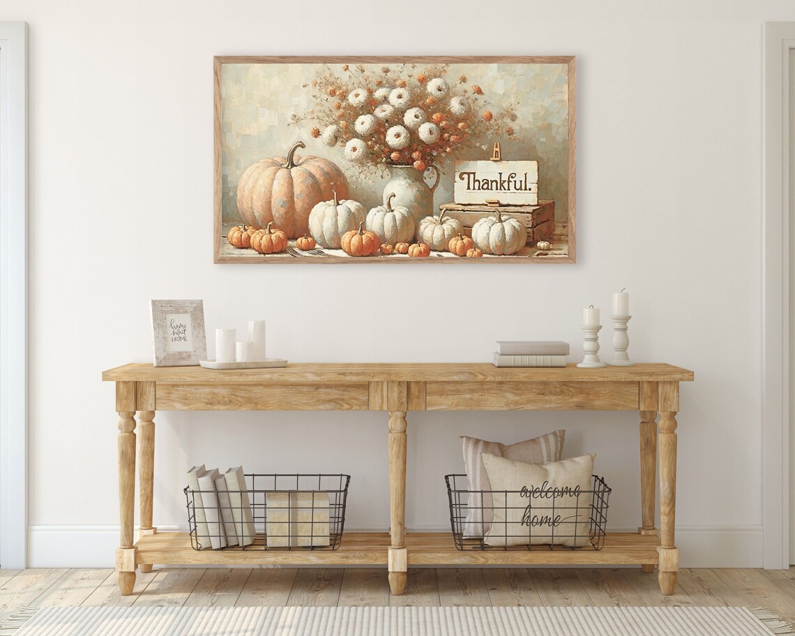 Thankful Sign With White Pumpkins And Flowers Thanksgiving Poster - Image 2