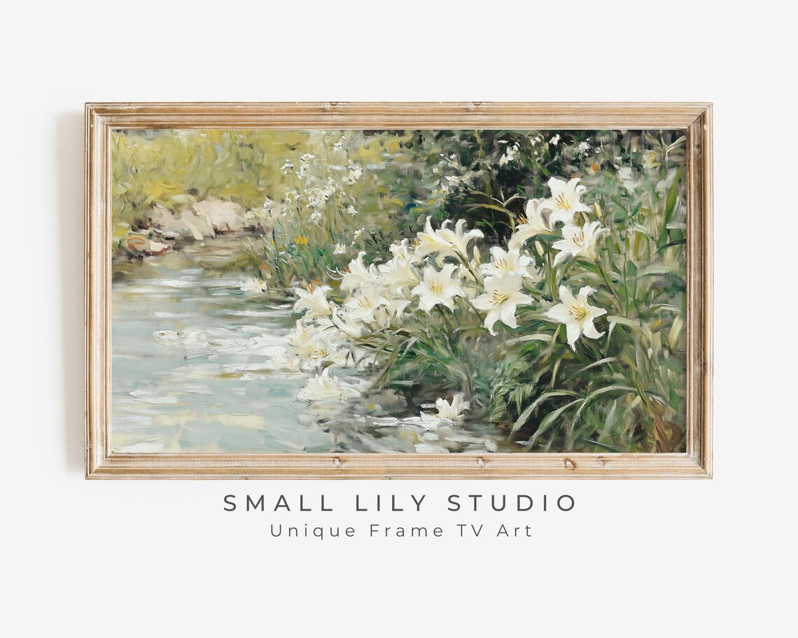 White Lilies Growing by a Tranquil Pond Vintage Garden Landscape Poster