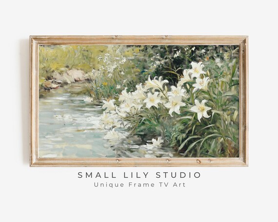 White Lilies Growing by a Tranquil Pond Vintage Garden Landscape Poster