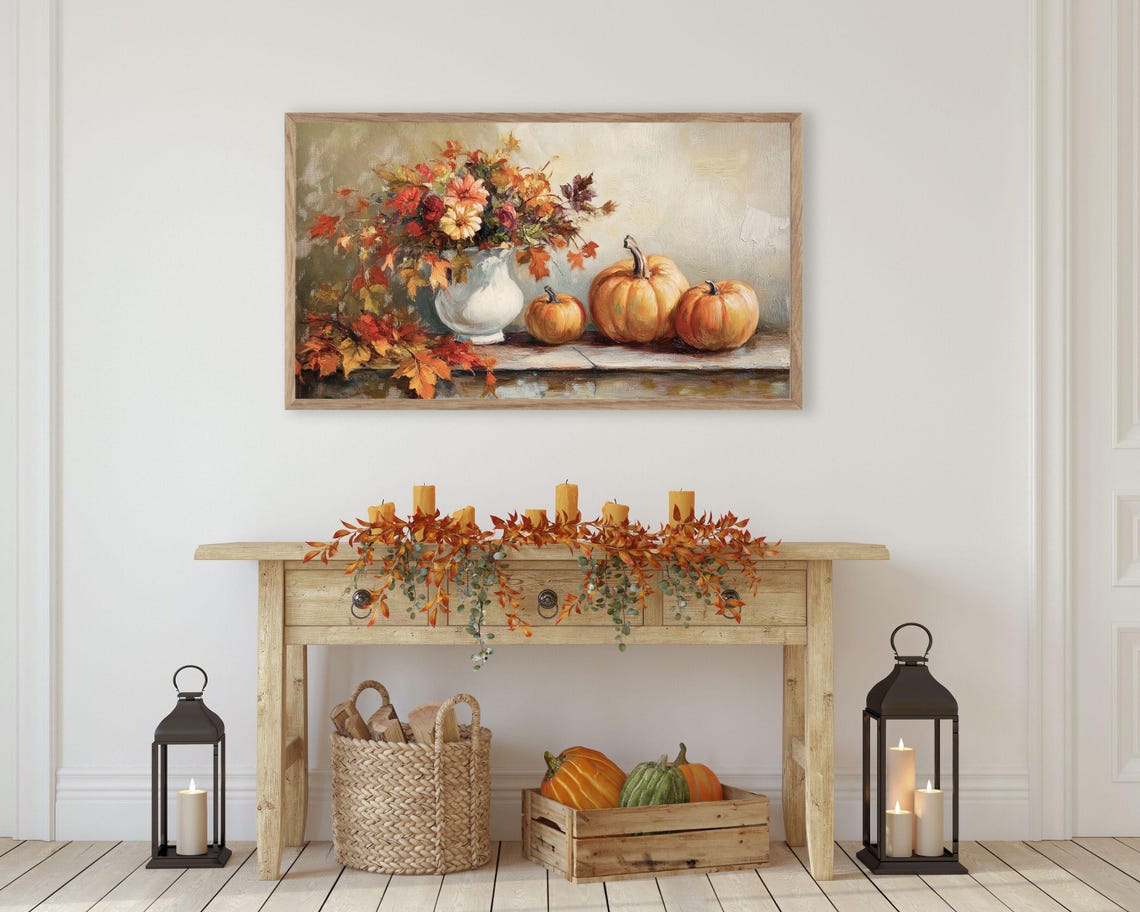 Fall Florals In White Pitcher With Pumpkins Still Life Painting Poster - Image 3