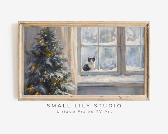 Frame Tv Art Cat At Window In Winter Frame Tv Christmas Tree Vintage Style Painting Cute Cat Xmas Tv Screensaver For Kids Tv515