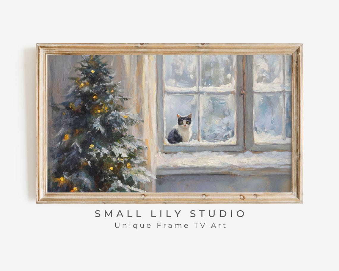 Cat Snowy Windowsill Christmas Tree Cute Vintage Winter Pet Art Poster