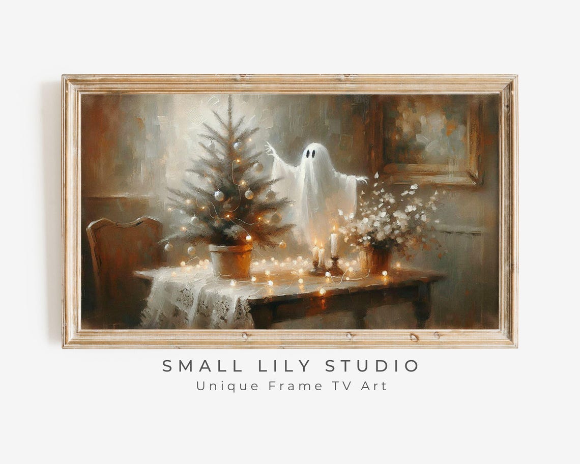 Cute Ghost Decorating Christmas Tree Fairy Lights Farmhouse Art Poster