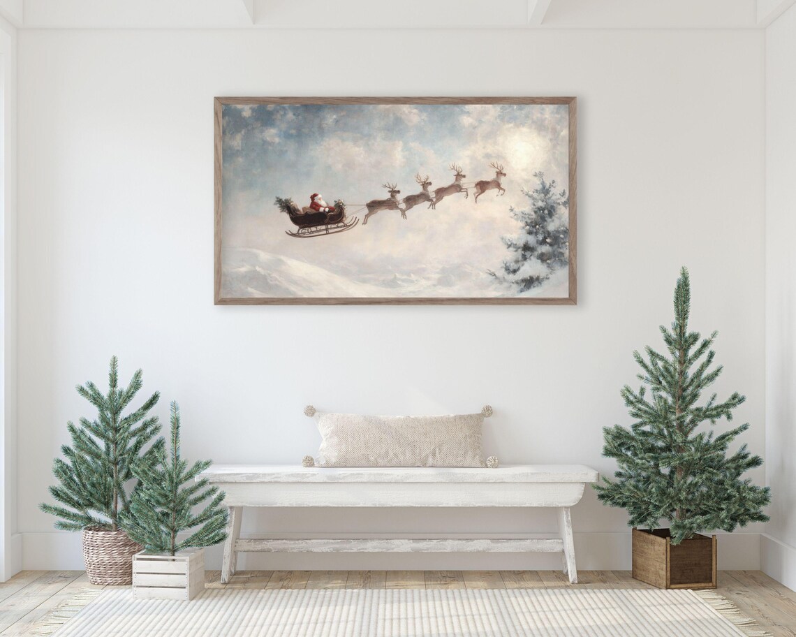 Santa And Reindeer Flying Christmas Art Print - Image 3